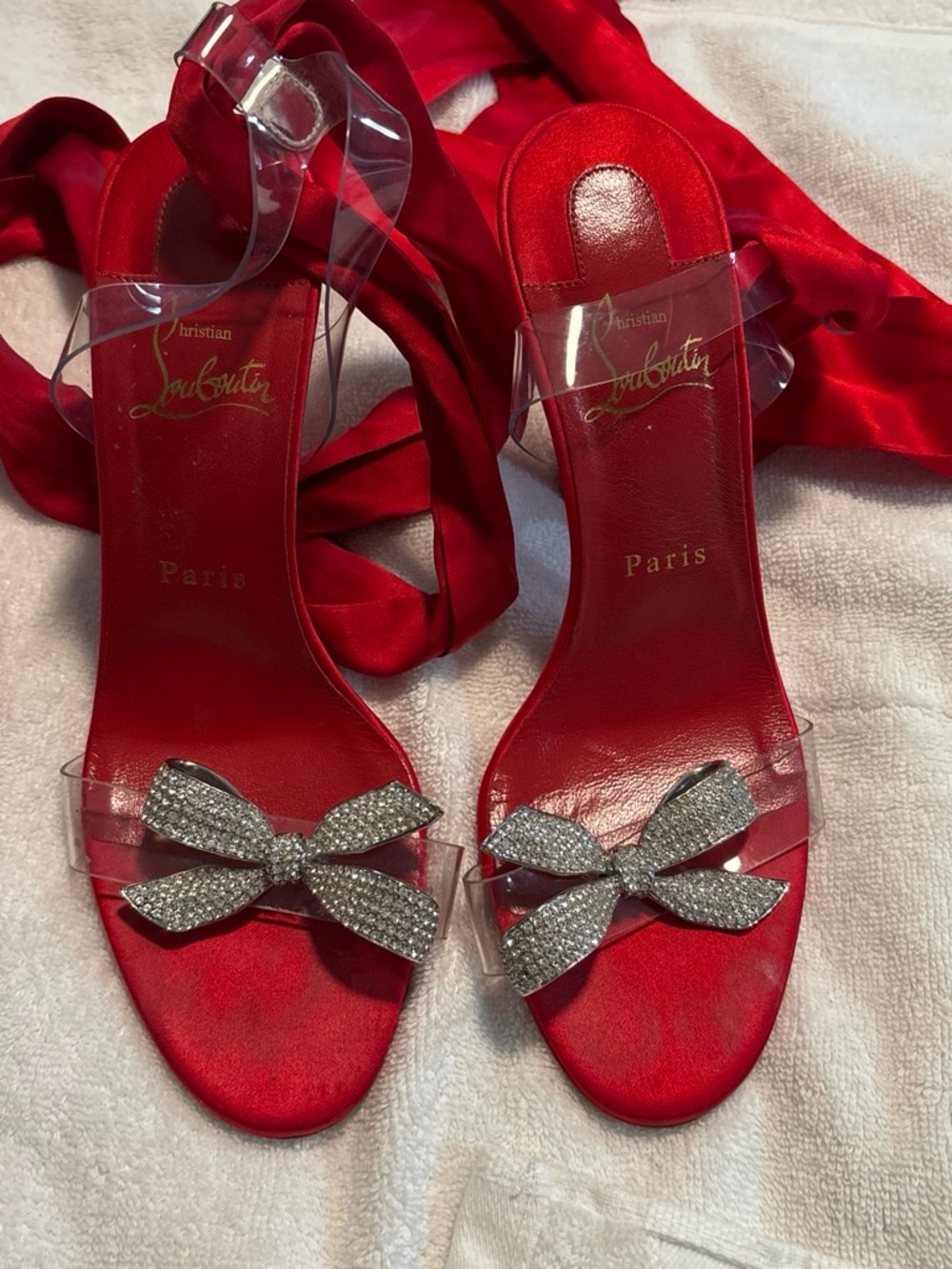 AuthenticChristian Louboutin Red Satin Open-Toe Bow Sandals with Crystal Accents